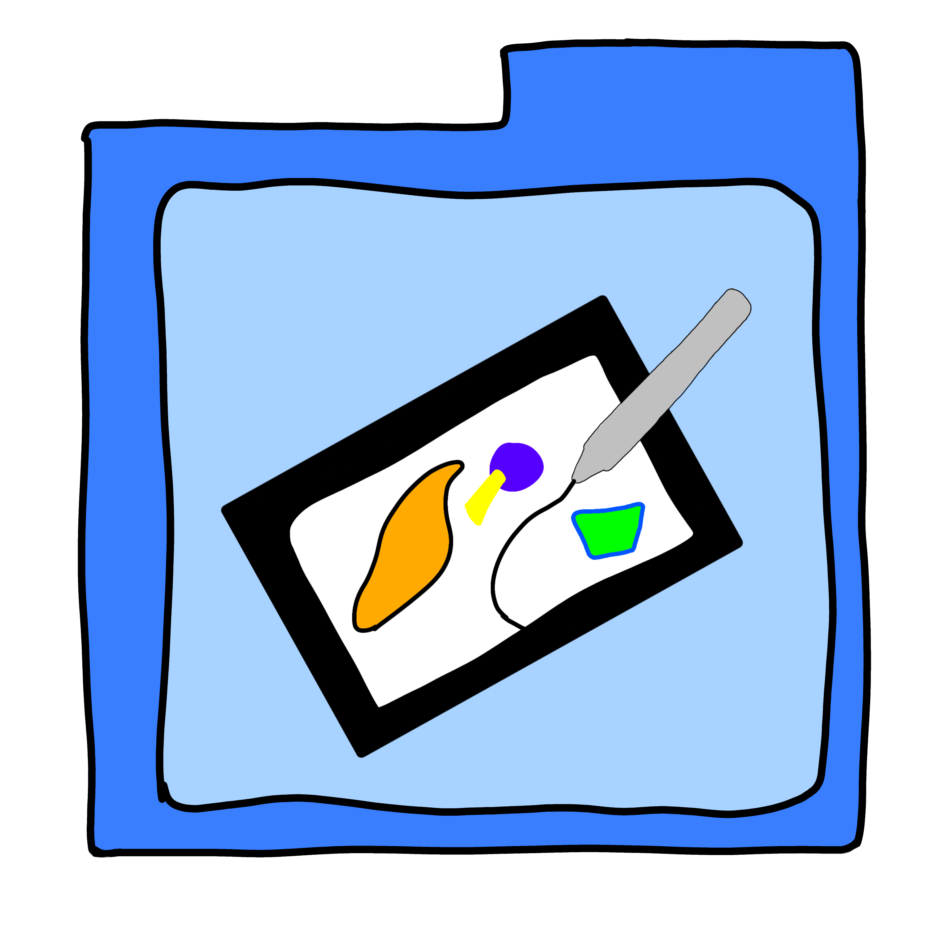 a blue folder, the inside is a lighter blue, with a tablet and light grey stylus on it. On the tablet screen there are some colourful shapes and a line being drawn by the stylus